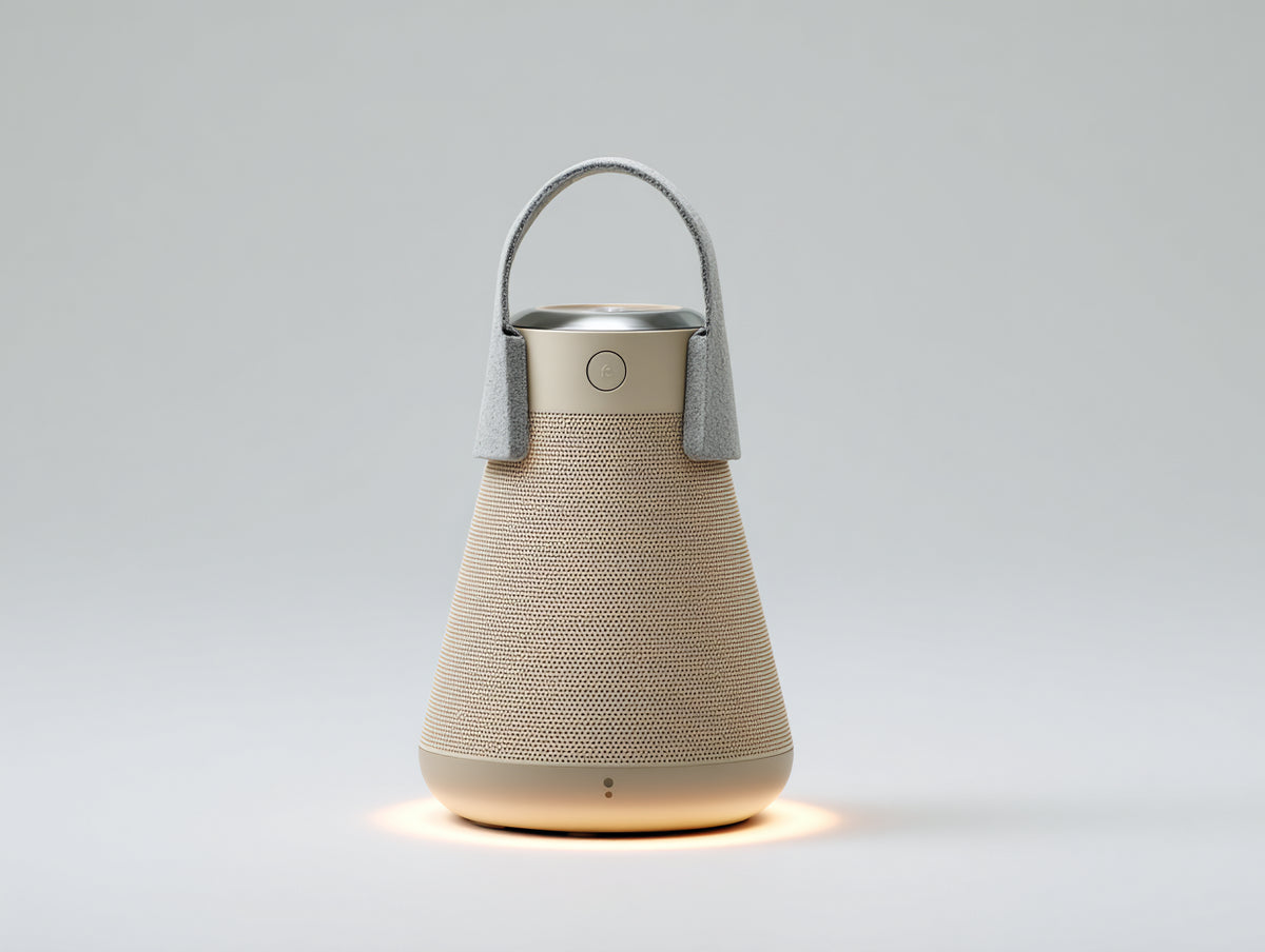 Lampe de bureau LED portable 20×20×34 cm - beige mat et gris - halo inférieur avec haut-parleur pour chambre à coucher