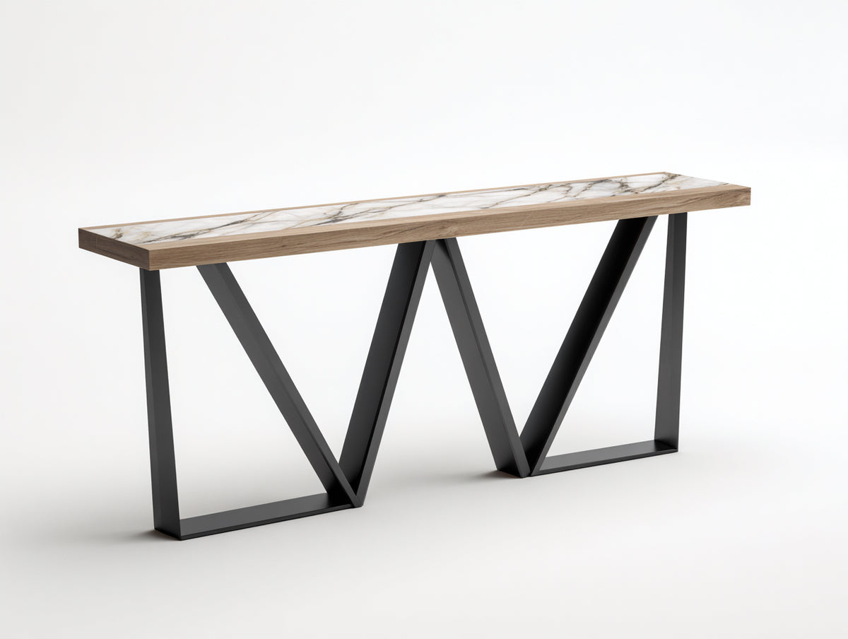 Console en bois effet pierre 120×35×78 cm - beige et noir - structure métal graphique style contemporain pour chambre à coucher