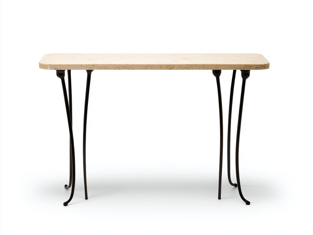 Console en pierre reconstituée 130×38×76 cm - beige clair - pieds métal noir design épuré pour chambre à coucher